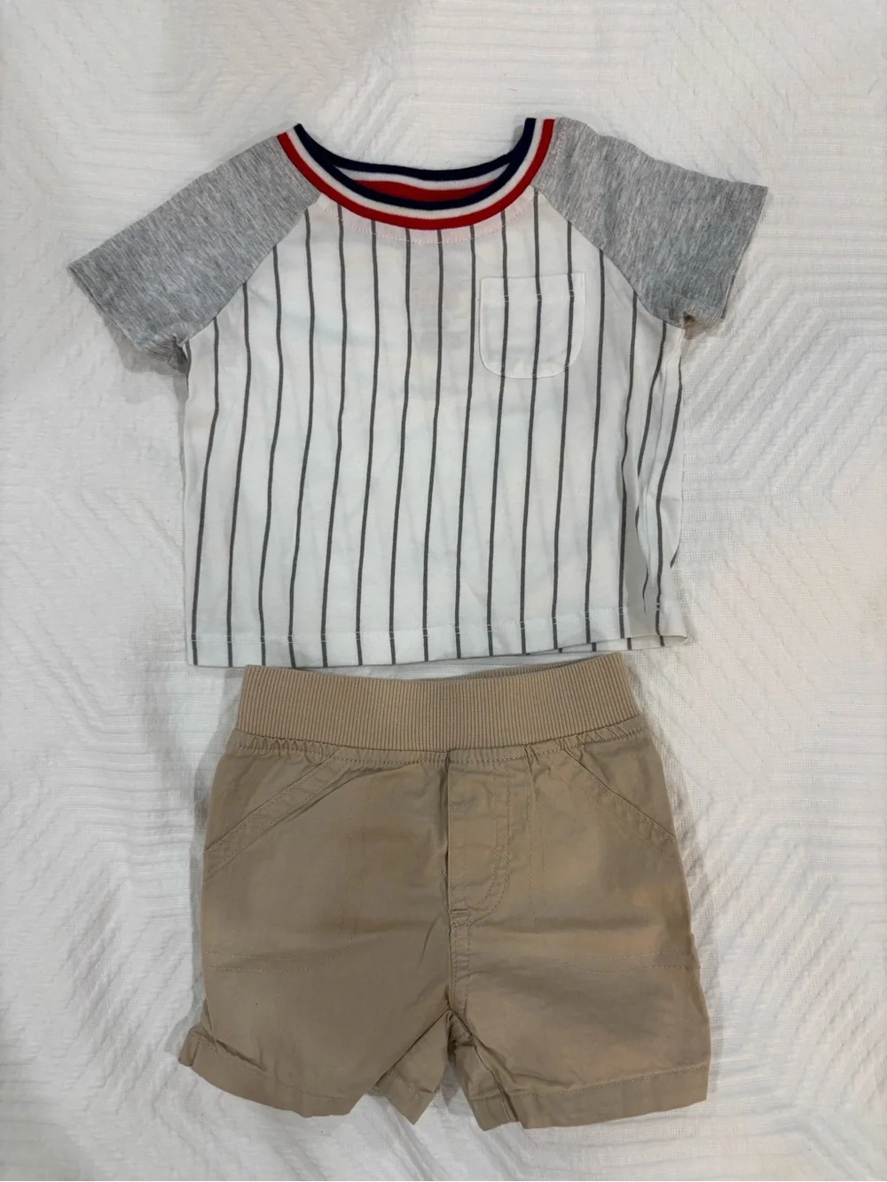 First Impressions White Pinstripe Tee and shorts